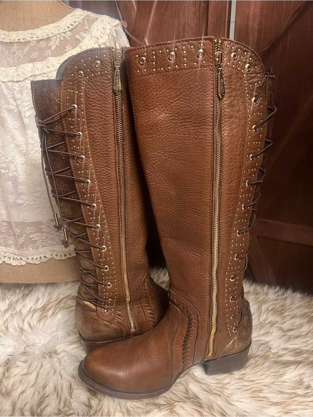 Caudra leather Women's Tall Brown Lace-Up Riding Boots
